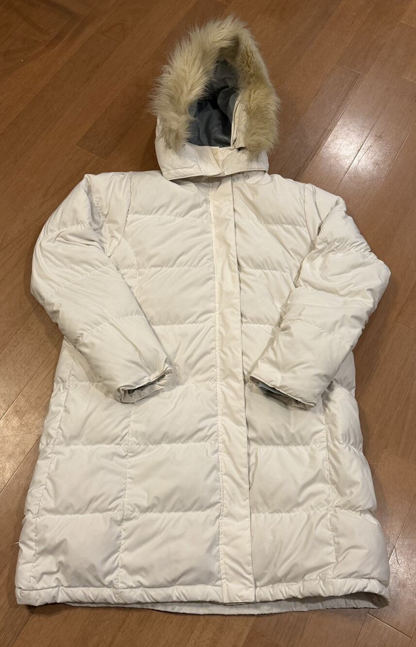 LL Bean Ultrawarm Down Coat Womens L Ivory Puffer Parka Faux Fur Hood Goose Down